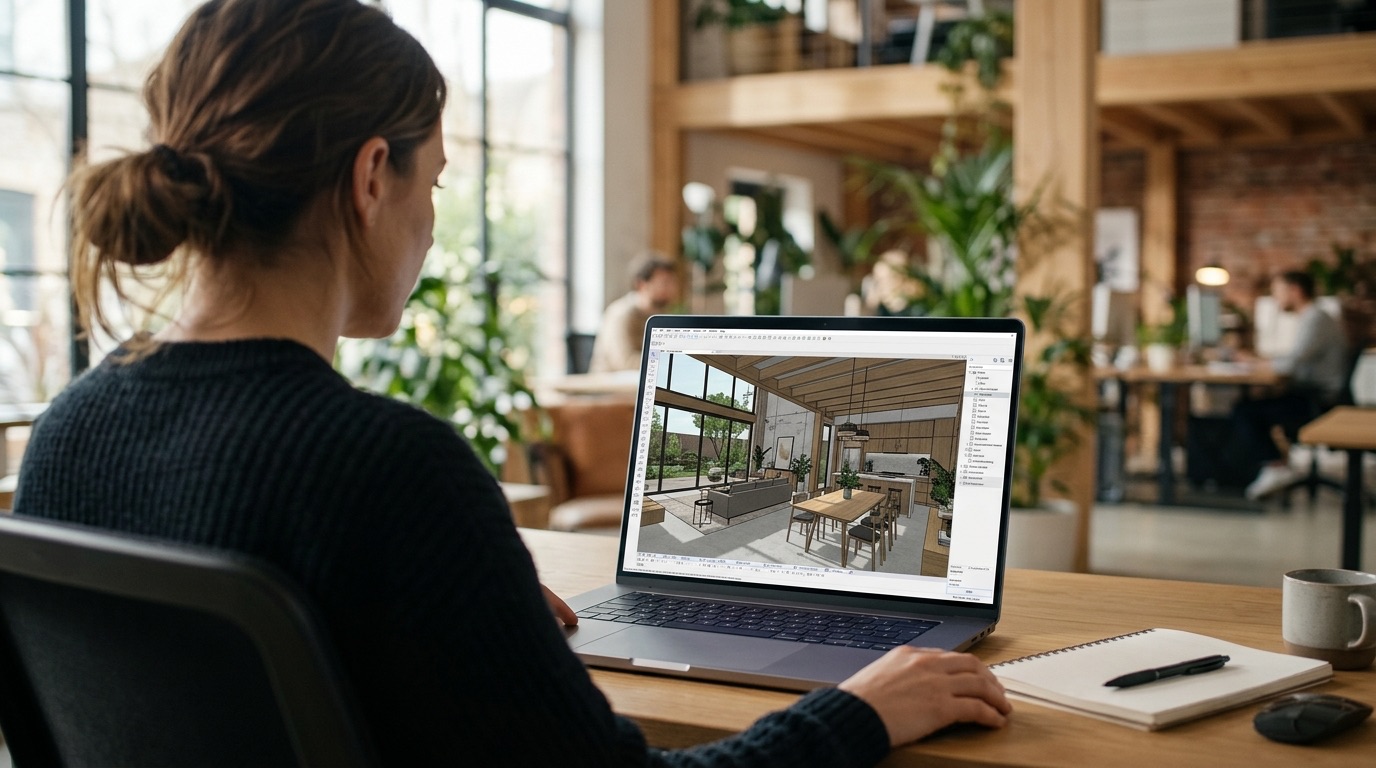 Designer viewing an ArchiCAD 3D interior model on a laptop in a modern studio
